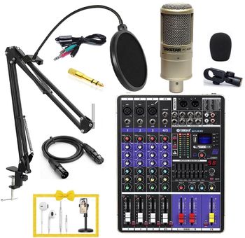 Combo bộ mic thu âm livestream PC-K200 kết hợp Mixer M4 plus TẶNG Tai nghe và Giá đỡ điện thoại