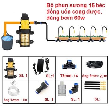 Bộ phun sương tưới cây 15 béc uốn cong dùng bơm 60w