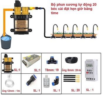 Bộ phun sương tưới cây tự động 20 béc uốn cong bơm đôi 96w  time