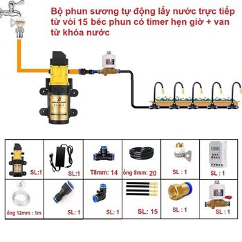 Trọn bộ tưới tự động 15 béc uốn cong bằng time  van từ  bơm 60w