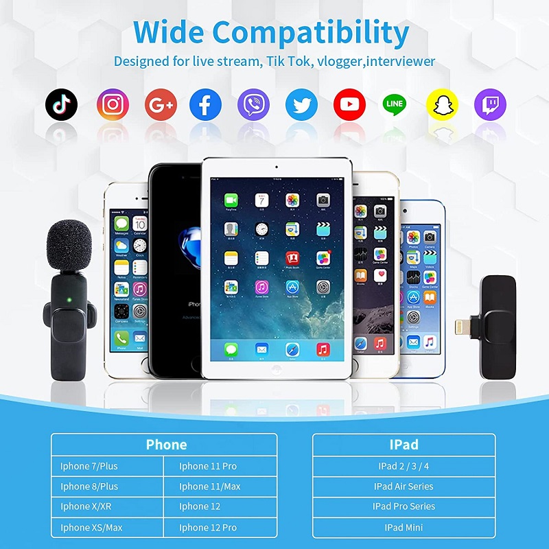 Bộ 2 micro thu âm không dây cài áo K9 khử tiếng ồn livestream ghi âm phát trực tiếp cổng lightning