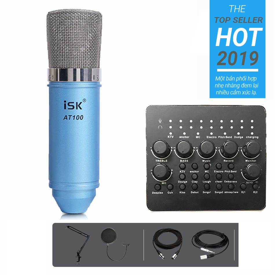 Bộ Livestream Micro ISK AT100 phối Soundcard V10 HD2000 chân màn kẹp Full