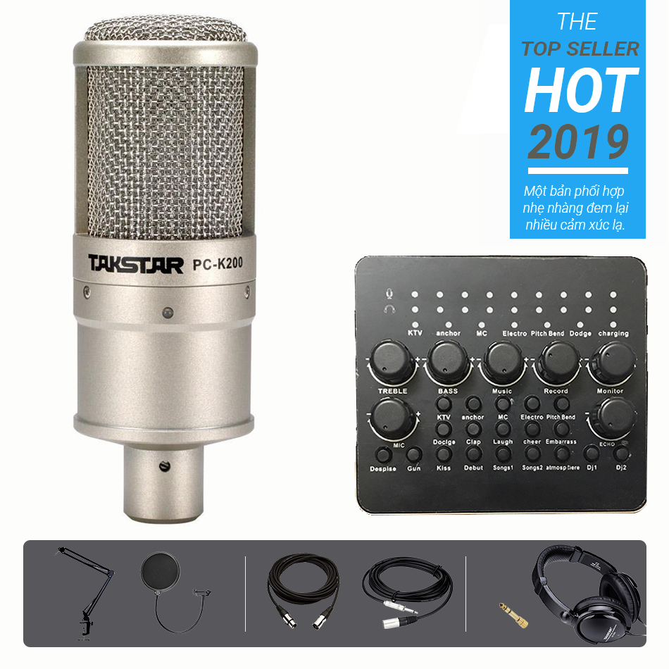 Bộ livestream Micro PC K200 phối Soundcard V10 HD2000 phụ kiện chân màn kẹp