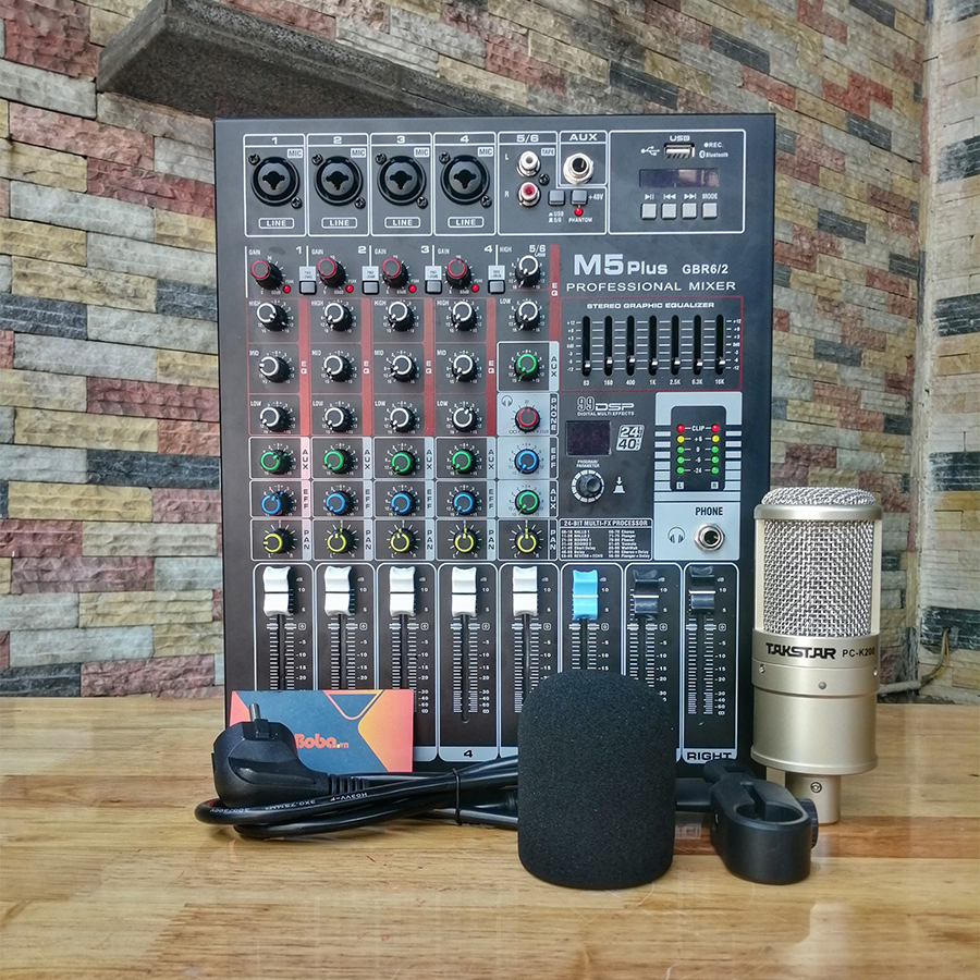 Bộ mic thu âm PC-K200 và Mixer M5 Plus TẶNG KÈM Tai nghe và Giá đỡ cho điện thoại