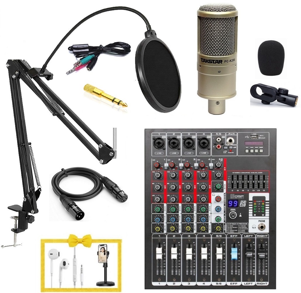 Bộ mic thu âm PC-K200 và Mixer M5 Plus TẶNG KÈM Tai nghe và Giá đỡ cho điện thoại
