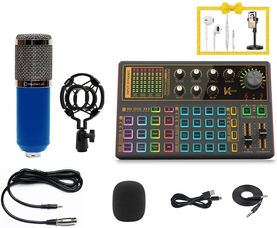 Bộ thu âm chất lượng cao soundcard Sk300 plus micro bm900 tặng giá đỡ điện thoại và tai nghe