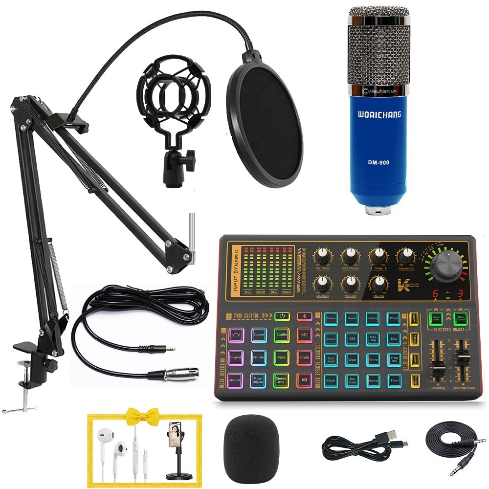 Bộ thu âm chất lượng cao soundcard Sk300 plus micro bm900 tặng giá đỡ điện thoại và tai nghe