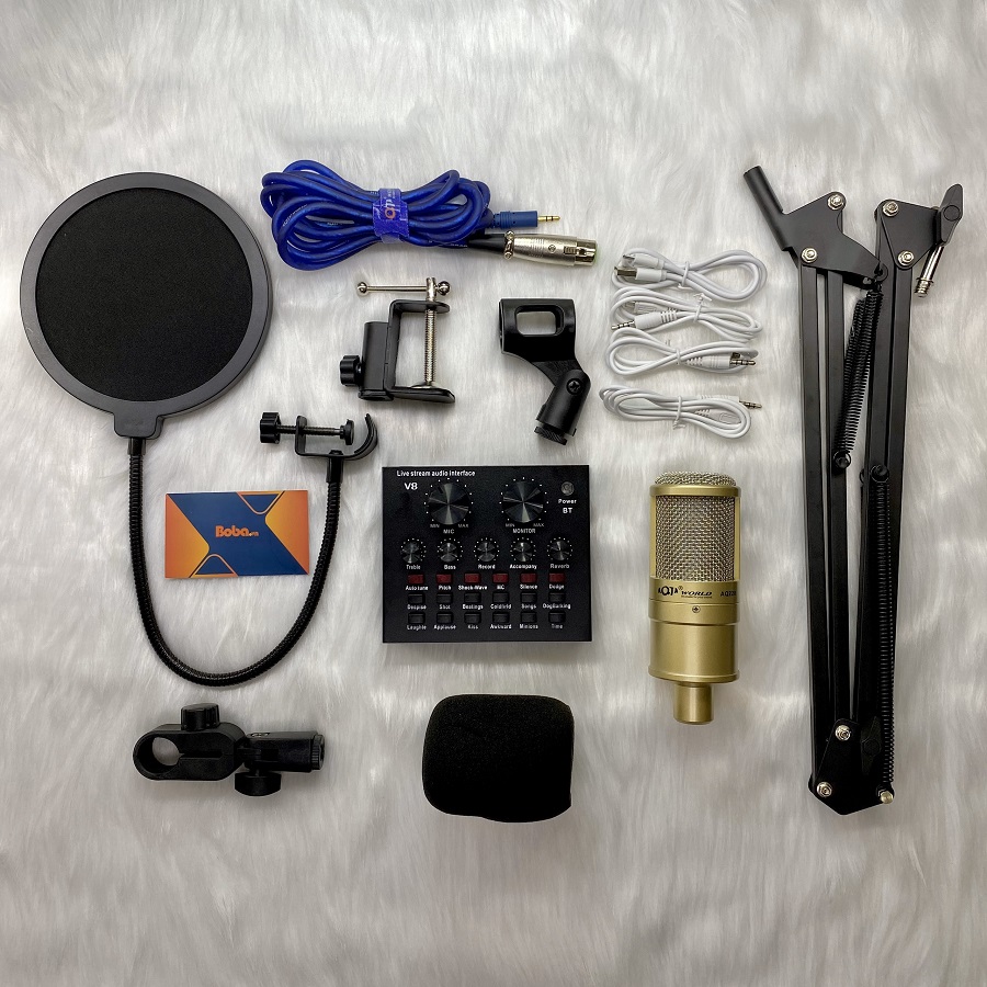 Combo mic thu âm AQTA 220 cùng Soundcard V8 chân kẹp màn lọc