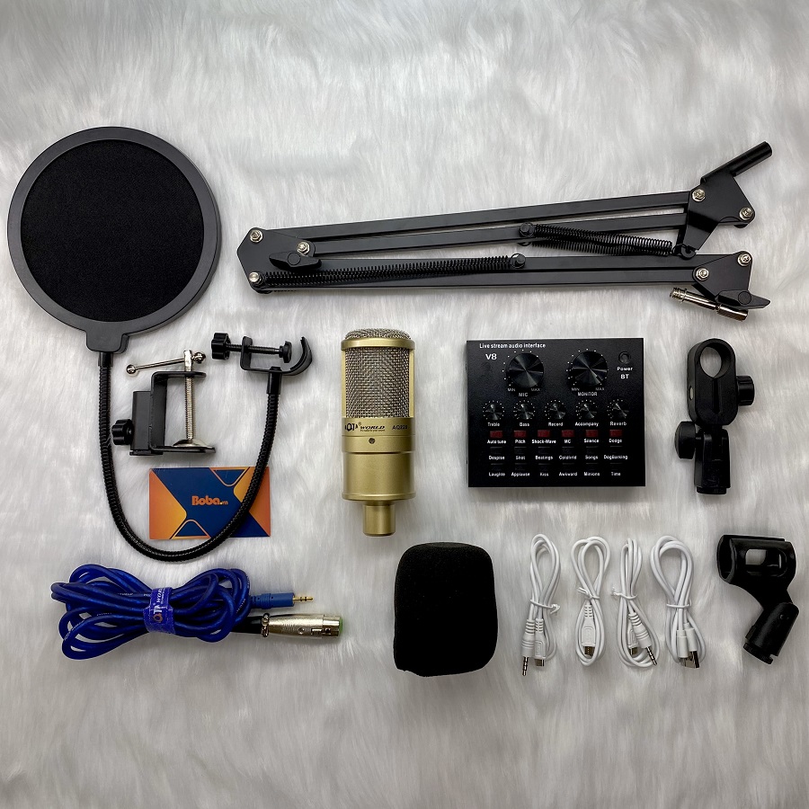 Combo mic thu âm AQTA 220 cùng Soundcard V8 chân kẹp màn lọc