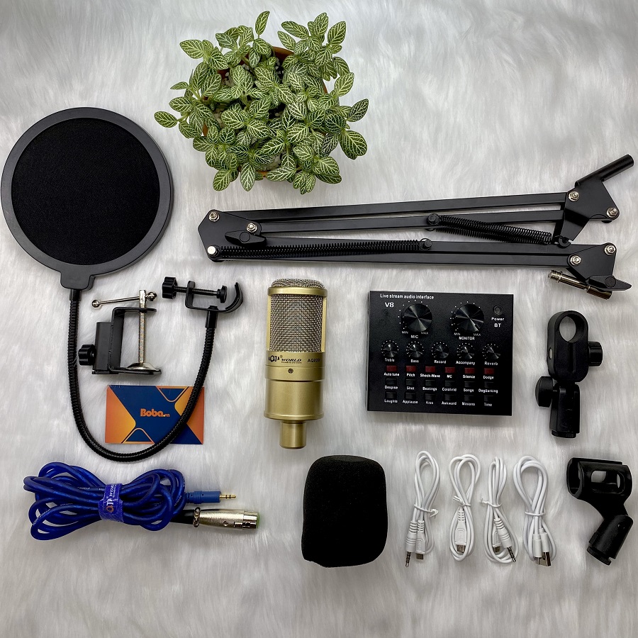 Combo mic thu âm AQTA 220 cùng Soundcard V8 chân kẹp màn lọc