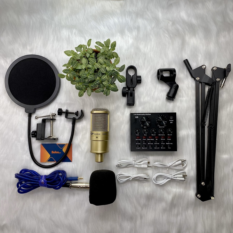 Combo mic thu âm AQTA 220 cùng Soundcard V8 chân kẹp màn lọc