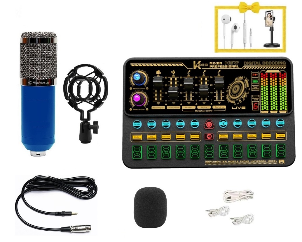 Bộ mic thu âm BM-900 và Soundcard K500 TẶNG giá đỡ cho điện thoại và tai nghe