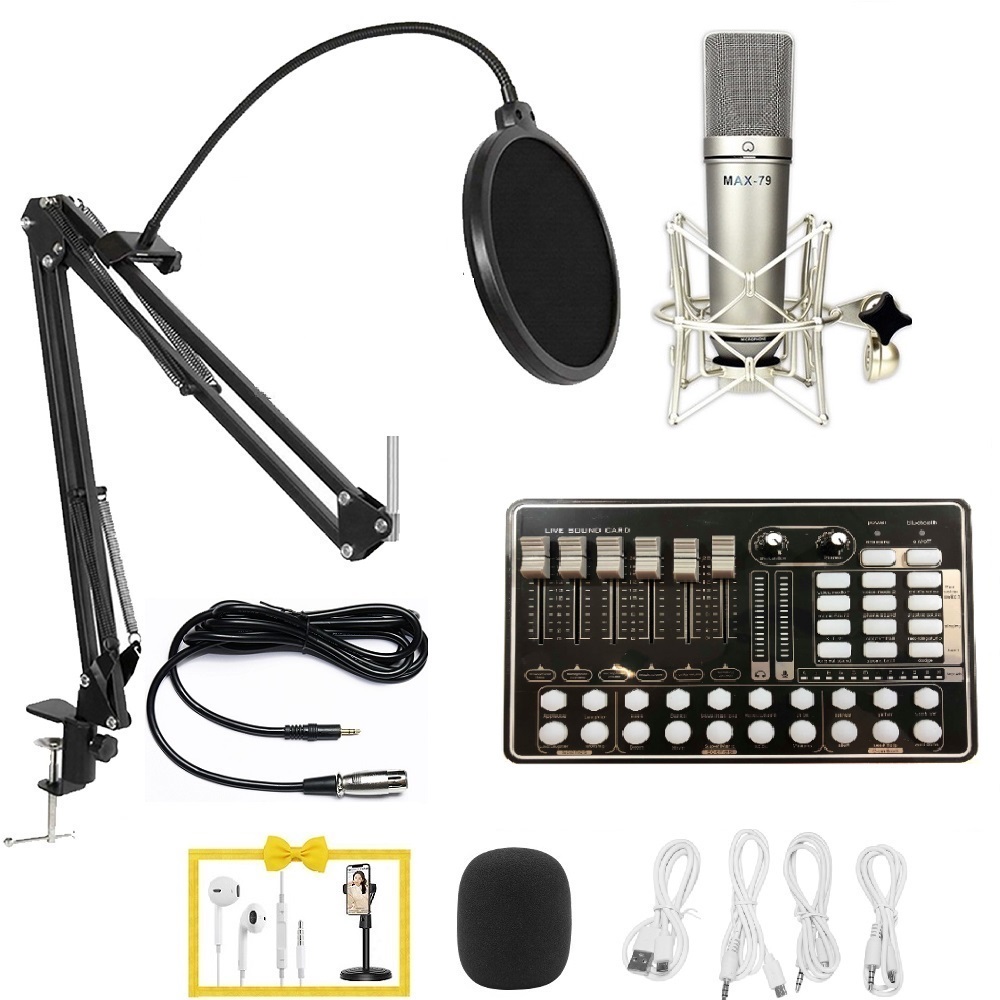Combo Micro thu âm Max-79 cùng Soundcard MKAI H9 -Tặng tai nghe có dây và giá đỡ cho điện thoại