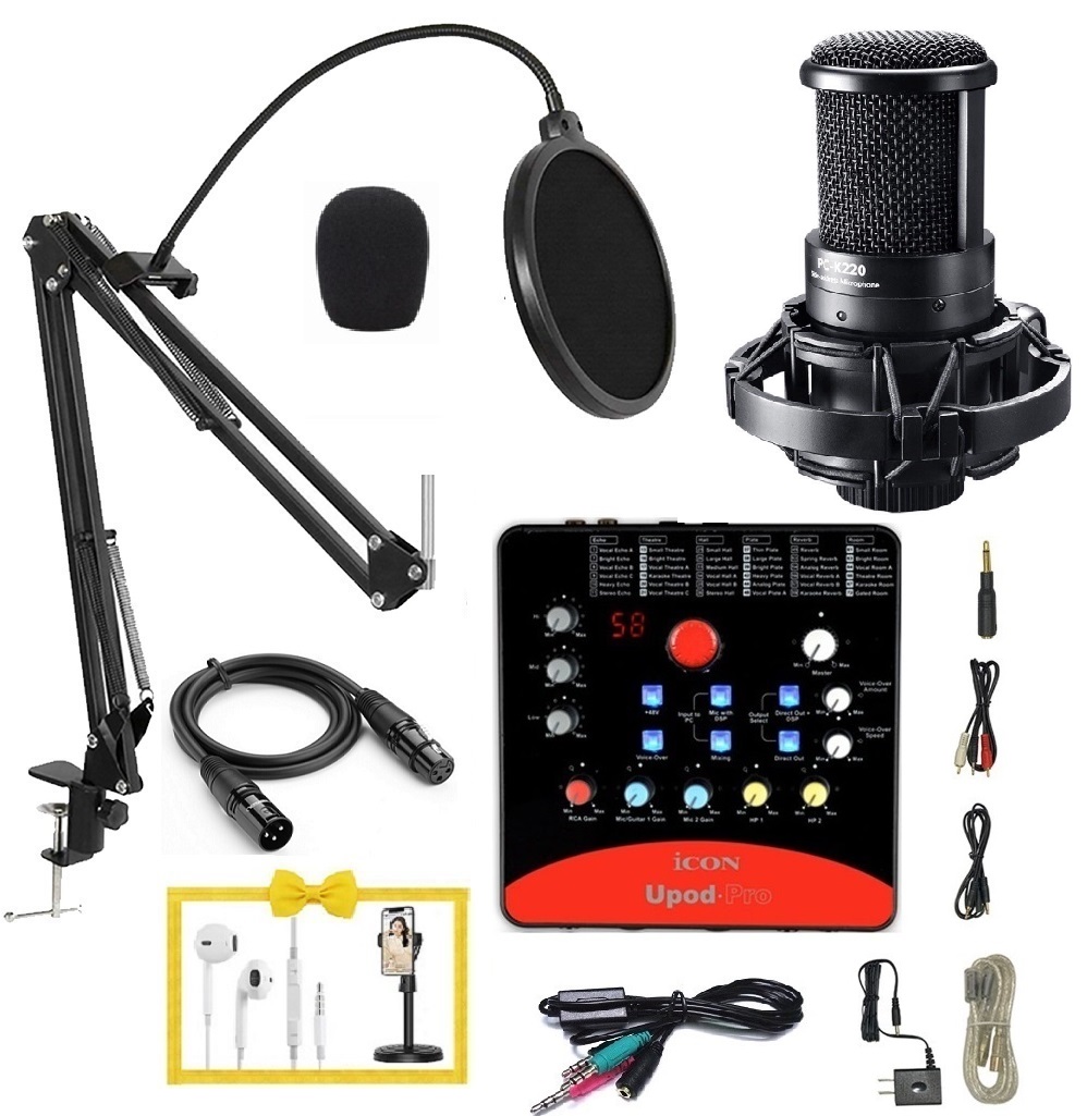 Combo Micro thu âm PC-K220 - Sound card Icon Upod Pro Tai nghe có dây Giá đỡ điện thoại Chân màn giá kẹp