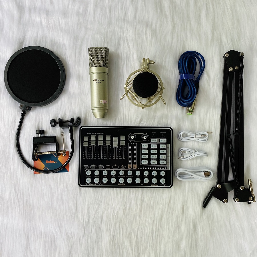 Combo mic thu âm AQ-100 sound card h9  chân màng có bluetooth autu-tune