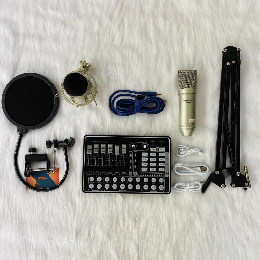 Combo mic thu âm AQ-100 sound card h9  chân màng có bluetooth autu-tune