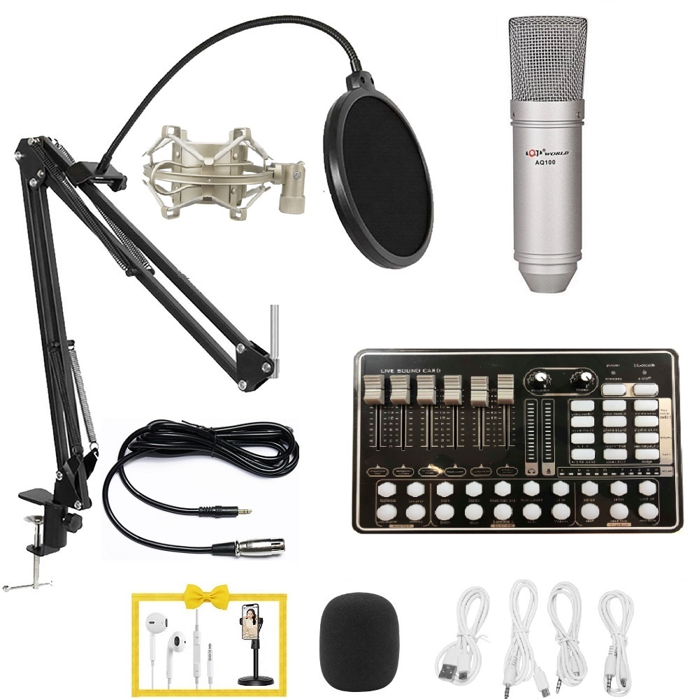 Combo mic thu âm AQ-100 sound card h9  chân màng có bluetooth autu-tune