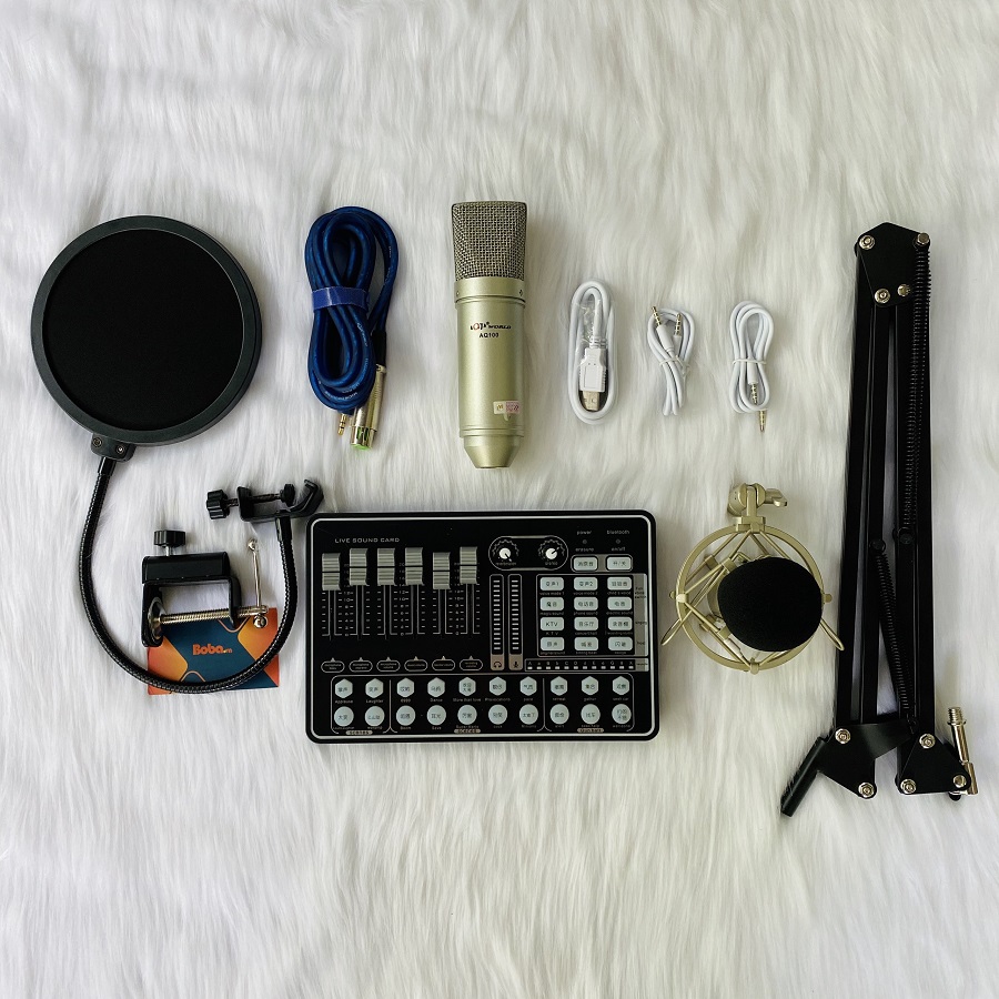 Combo mic thu âm AQ-100 sound card h9  chân màng có bluetooth autu-tune
