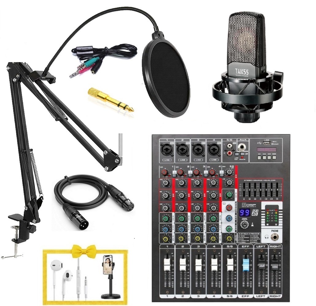 Bộ mic thu âm Tasktar Tak-55 và Mixer M5 Plus đi kèm quà tặng tai nghe và giá đỡ điện thoại