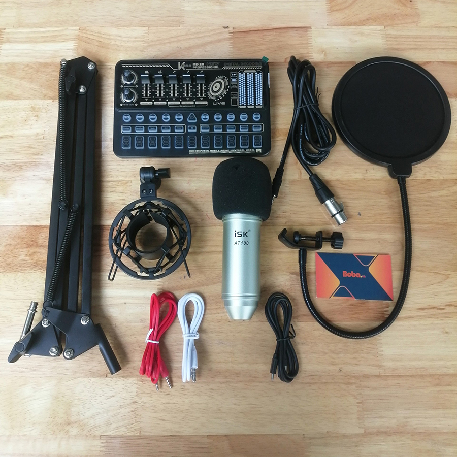 Bộ mic thu âm AT-100 và Soundcard K500 TẶNG KÈM Tai nghe và giá đỡ cho điện thoại