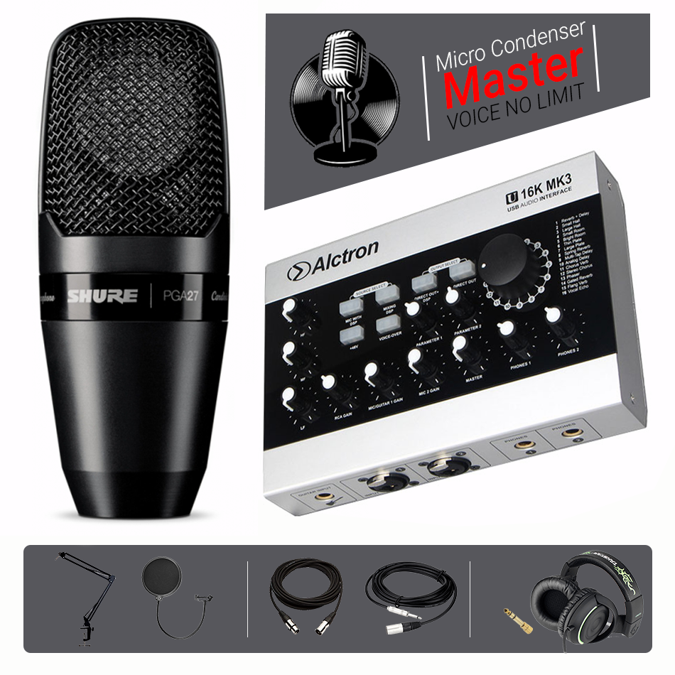Bộ micro chuyên nghiệp phòng thu Shure PGA27 Alctron U16K MK3 HD6000 Chân màn kẹp Full
