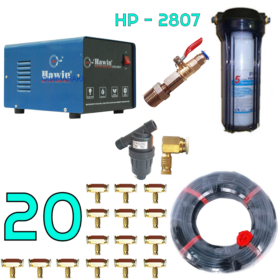 Bộ phun sương 20 đầu phun - Bơm Hawin HP 2807 lọc rác 20M dây