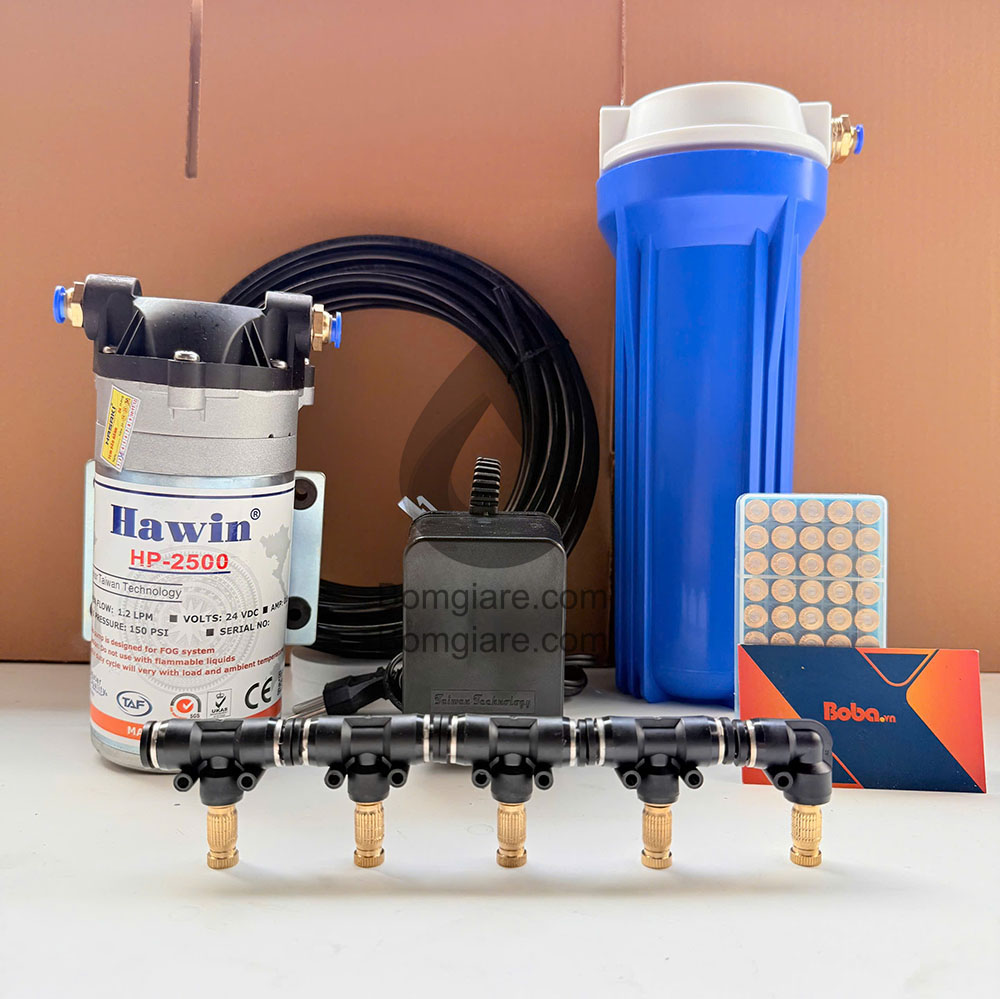 Hệ thống phun sương Hawin HP-2500 trọn bộ 20 béc làm mát quán cafe sân vườn phun tưới lan