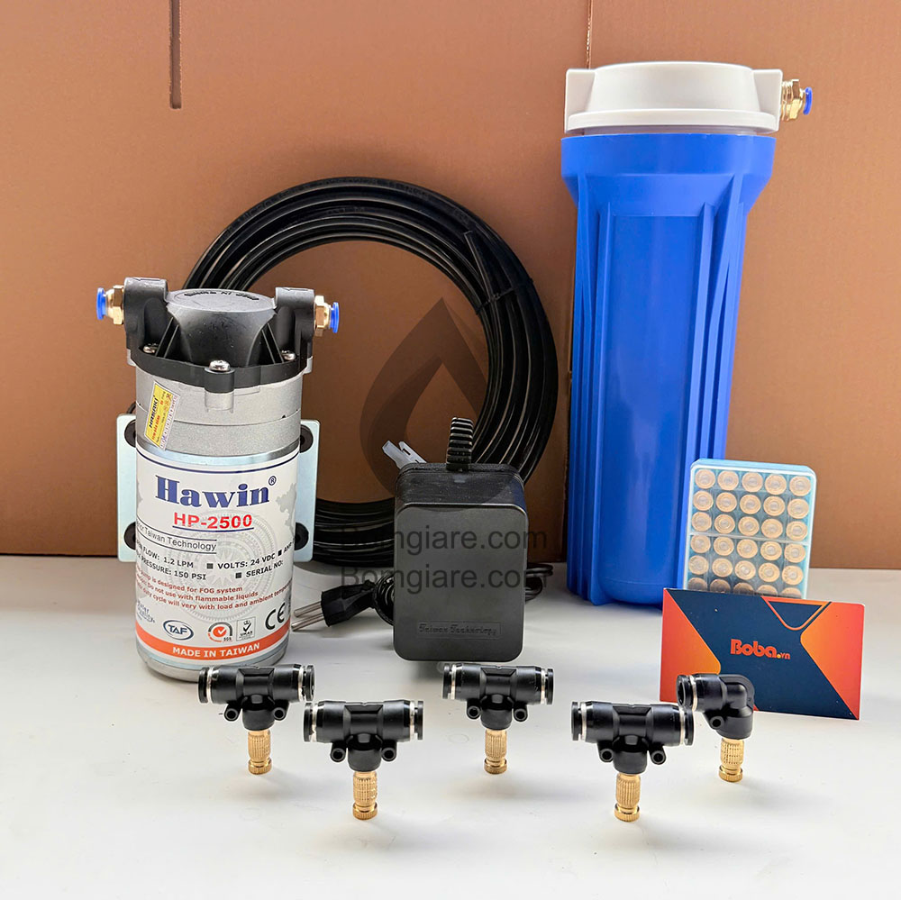Hệ thống phun sương Hawin HP-2500 trọn bộ 20 béc làm mát quán cafe sân vườn phun tưới lan