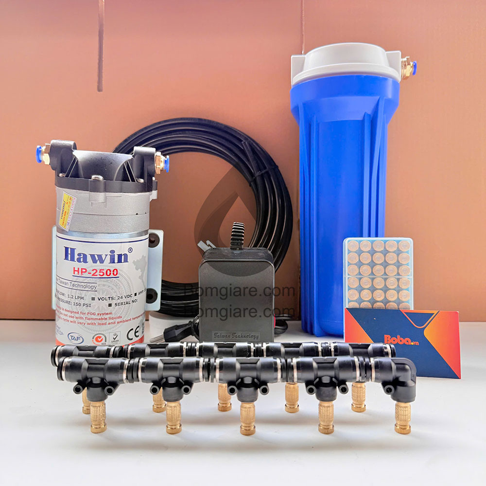 Hệ thống phun sương Hawin HP-2500 trọn bộ 20 béc làm mát quán cafe sân vườn phun tưới lan