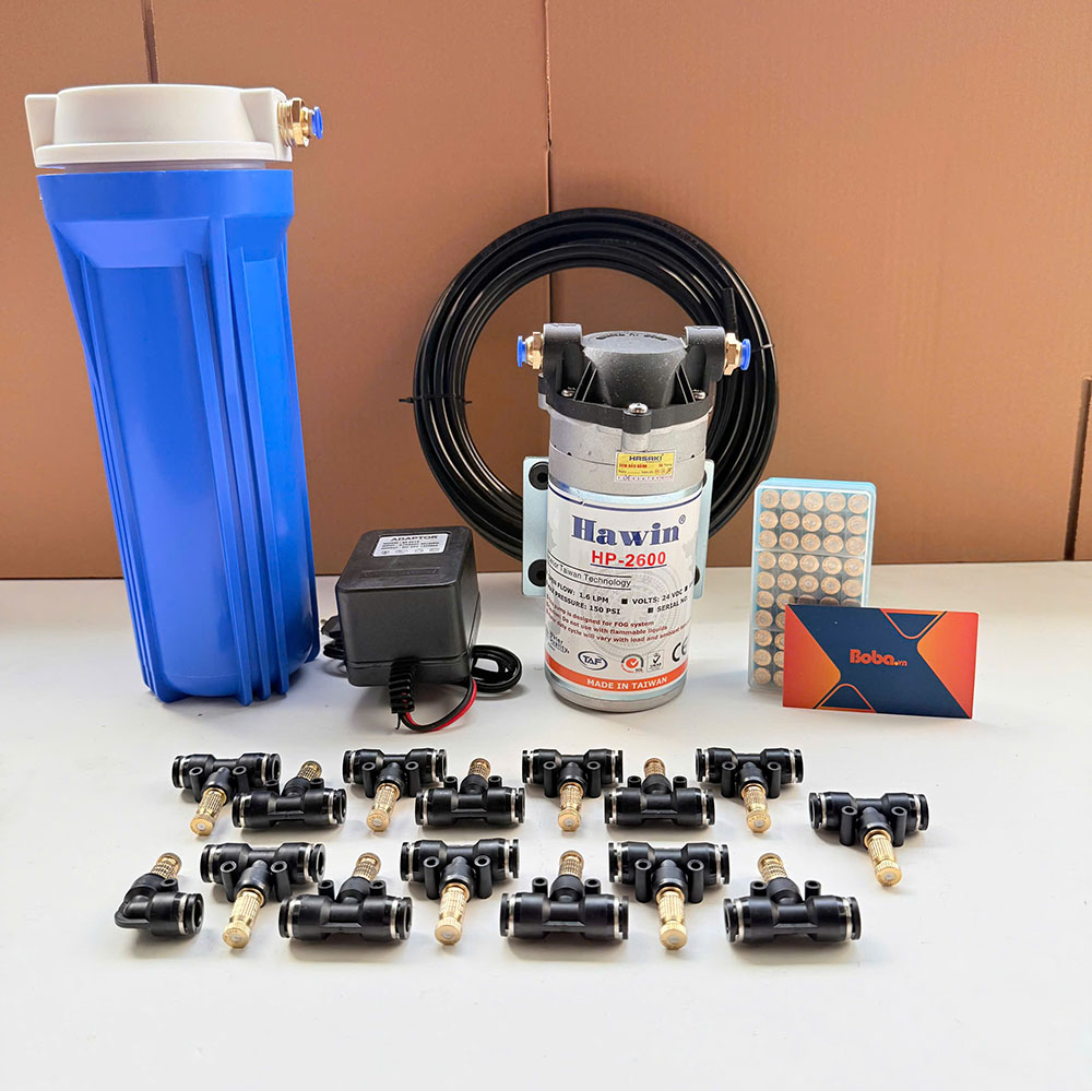 Hệ thống phun sương quán cà phê bơm Đài Loan Hawin 2600 trọn bộ 30 béc TP. HCM
