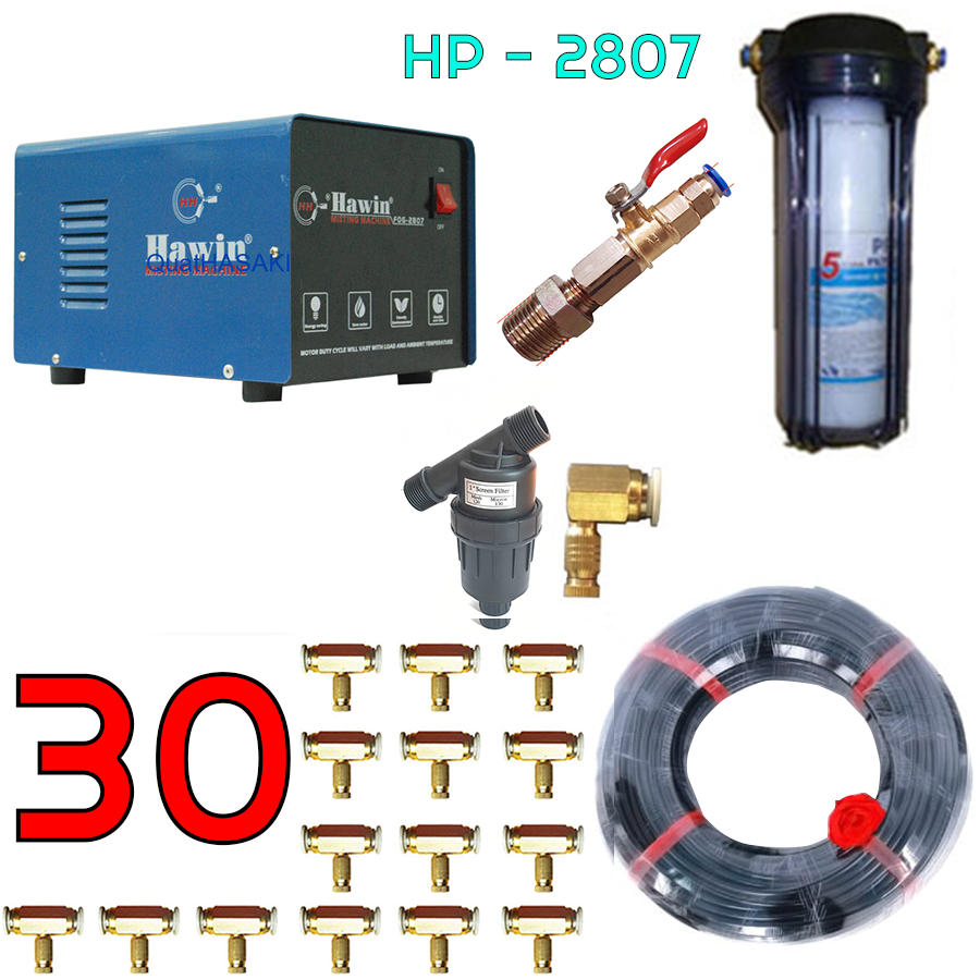 Bộ phun sương 30 đầu phun - Bơm Hawin HP 2807 lọc rác 40M dây