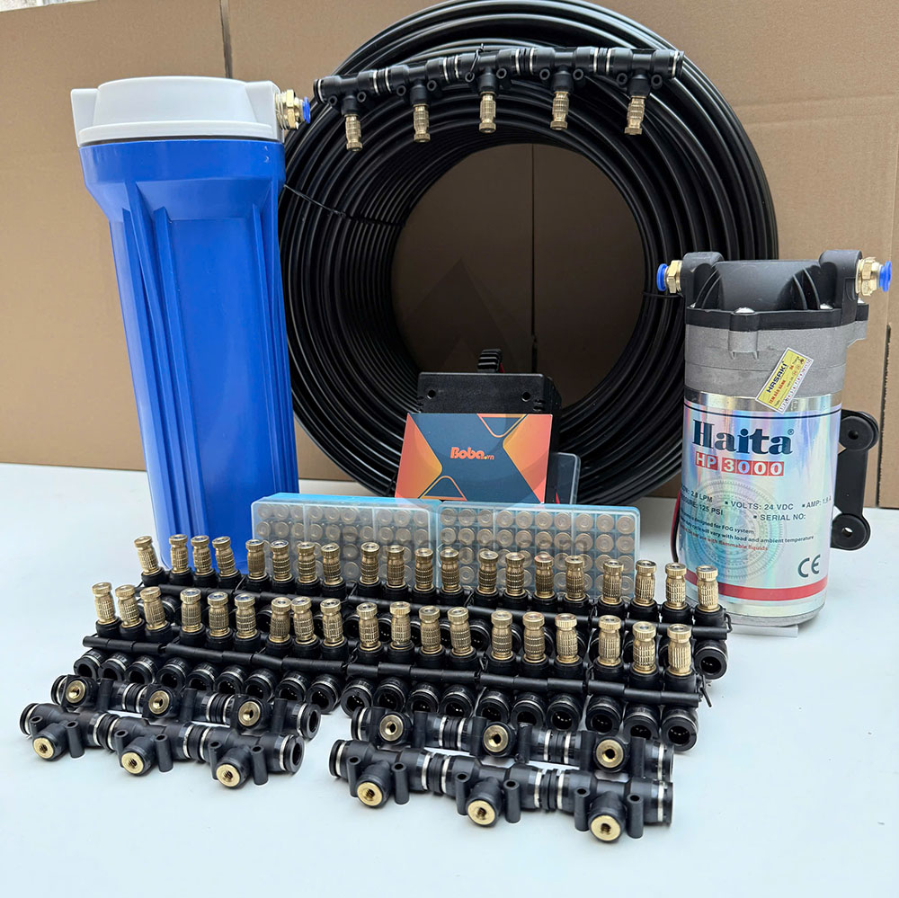 hệ thống phun sương làm mát nhà xưởng bơm Haita HP-3000 + 45 béc phun + 40m day