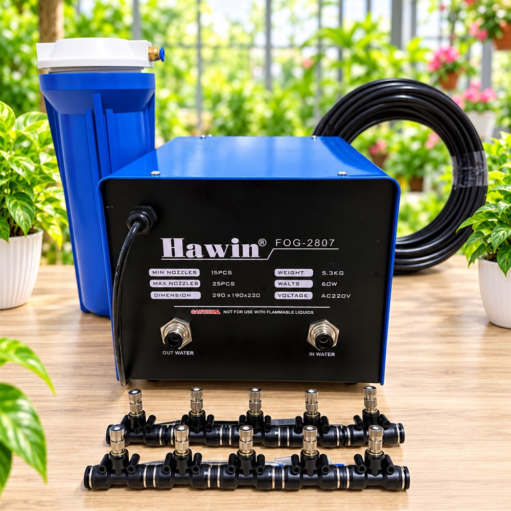 Trọn Bộ Phun Sương Làm Mát Quán Cafe 25 Béc Hawin FOG 2708 Chính Hãng