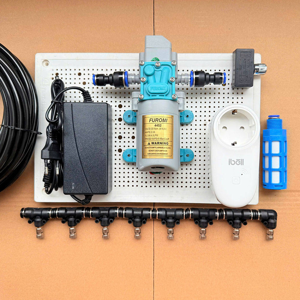 Bộ Phun Sương Tự Động 10 Đầu Phun - Bơm OM1521 - Điều Khiển Wifi Qua Điện Thoại