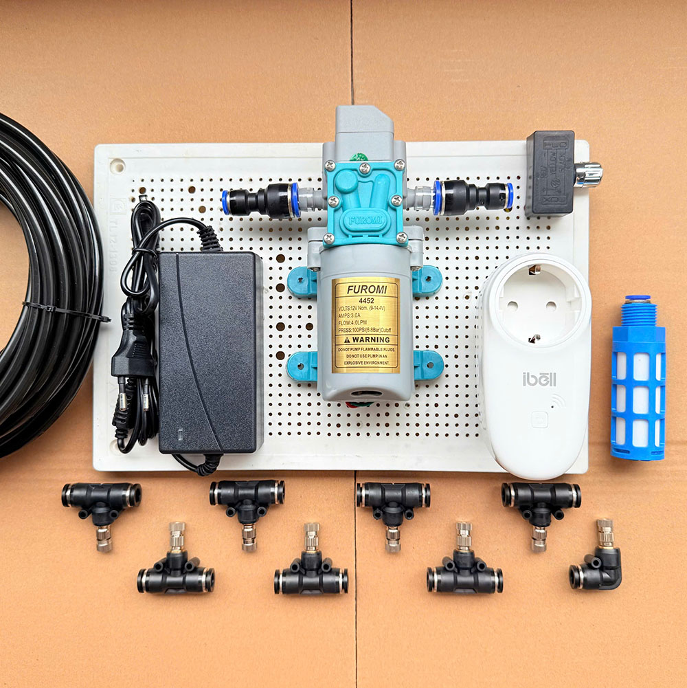 Bộ Phun Sương Tự Động 10 Đầu Phun - Bơm OM1521 - Điều Khiển Wifi Qua Điện Thoại