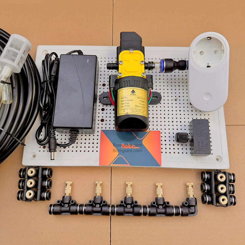 Bộ phun sương tự động điều khiển từ xa bằng wifi 5 béc đồng bơm OM1521