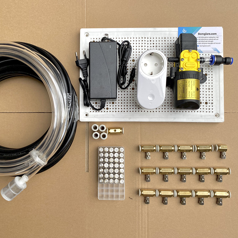 Bộ phun sương tự động điều kiển từ xa bằng wifi 15 béc đồng bơm OM1521 ổ wifi