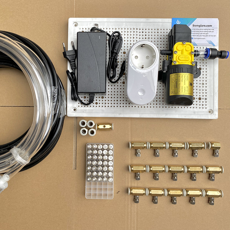 Bộ phun sương tự động điều kiển từ xa bằng wifi 15 béc đồng bơm OM1521 ổ wifi