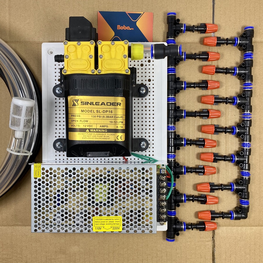 Combo phun sương tưới Lan tưới cây 20 béc 1 hướng nhựa - Bơm Sinleader Đôi