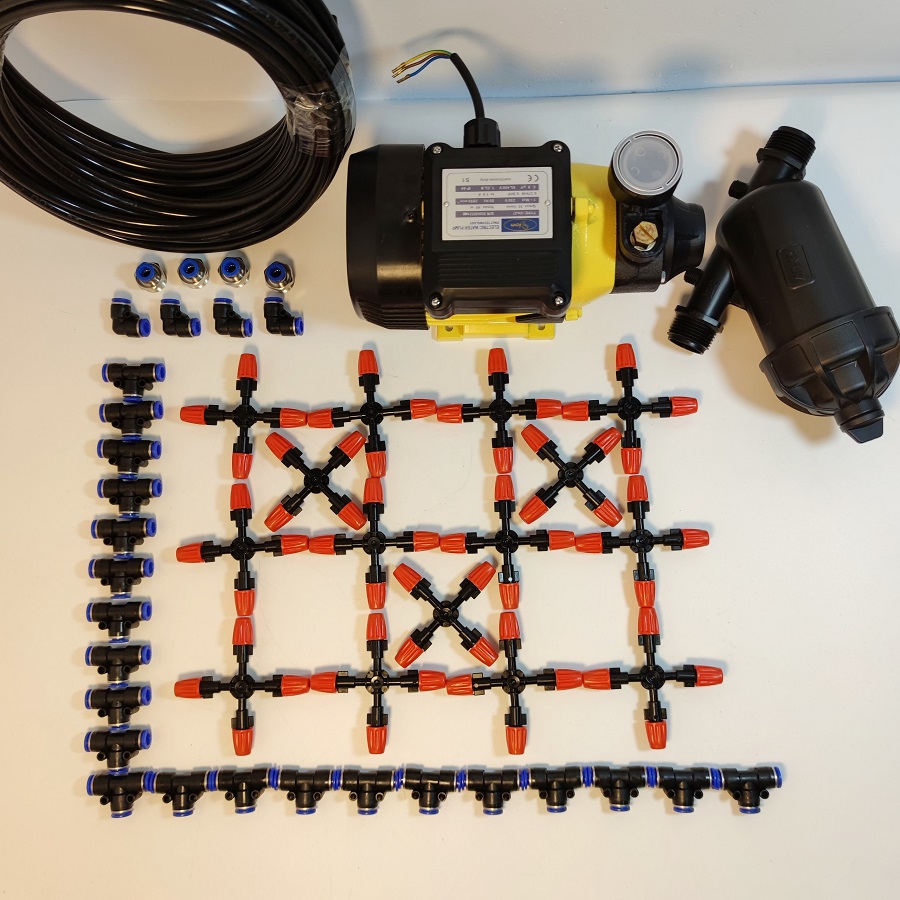 Hệ thống phun sương 30 béc 4 hướng đầu béc cam nhựa - Bơm Lion 0.5HP