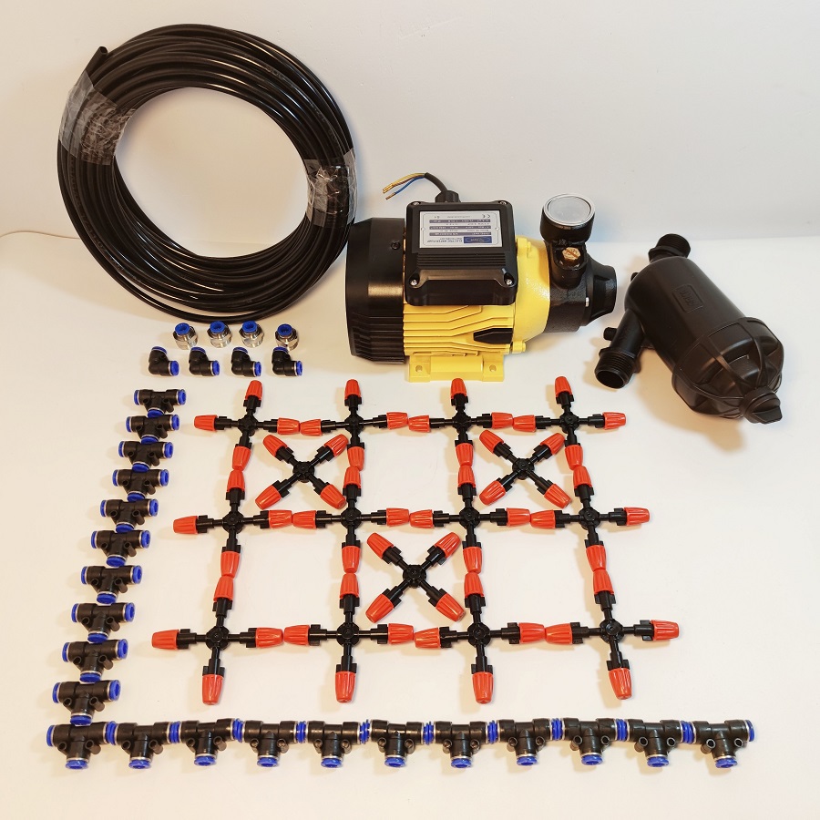 Hệ thống phun sương 30 béc 4 hướng đầu béc cam nhựa - Bơm Lion 0.5HP