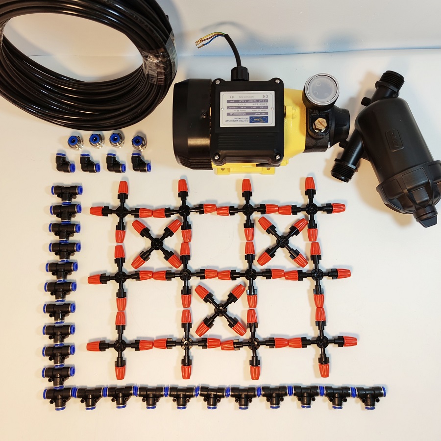 Hệ thống phun sương 30 béc 4 hướng đầu béc cam nhựa - Bơm Lion 0.5HP