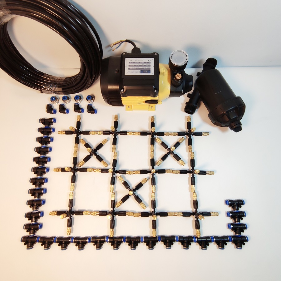 Hệ thống phun sương 25 béc 5 hướng đầu đồng điều chỉnh lượng nước - Bơm Lion 0.5HP