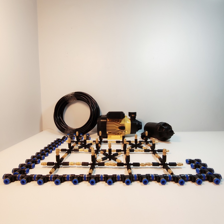 Hệ thống phun sương 25 béc 5 hướng đầu đồng điều chỉnh lượng nước - Bơm Lion 0.5HP