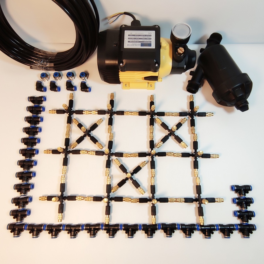 Hệ thống phun sương 25 béc 5 hướng đầu đồng điều chỉnh lượng nước - Bơm Lion 0.5HP