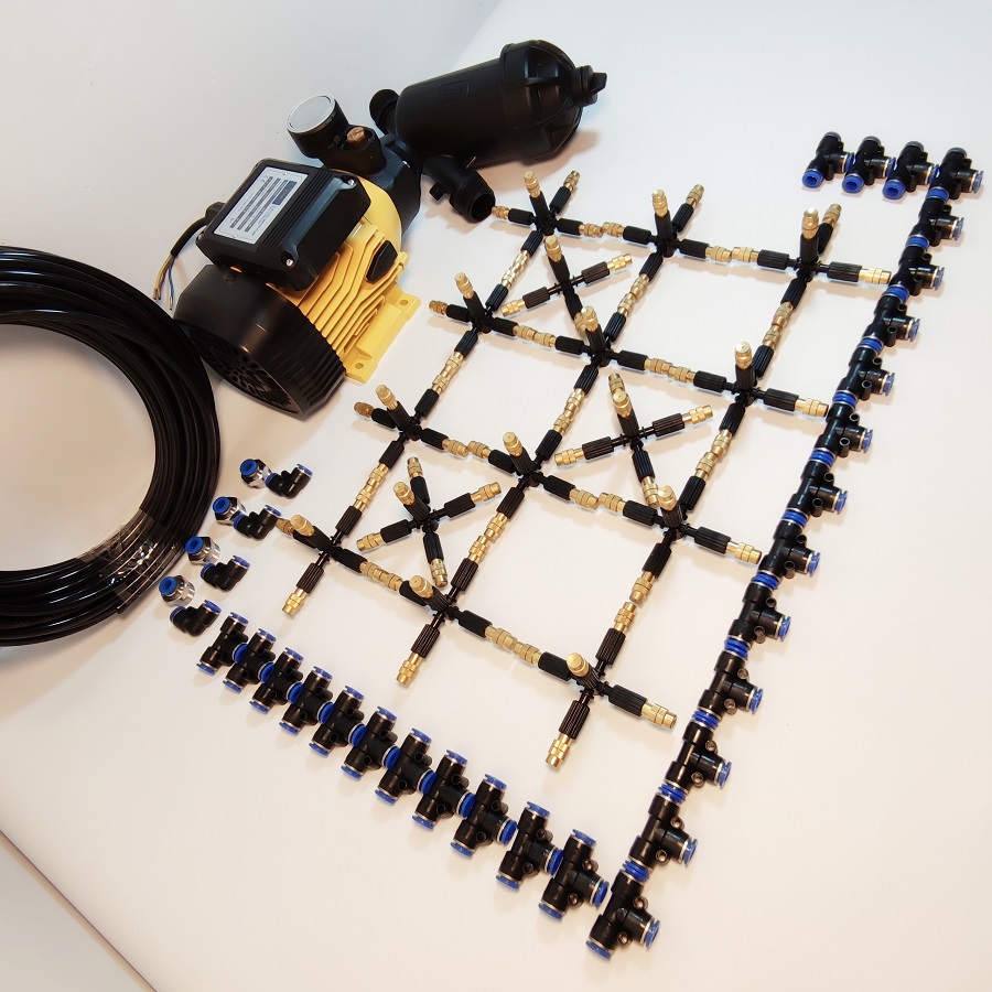 Hệ thống phun sương 25 béc 5 hướng đầu đồng điều chỉnh lượng nước - Bơm Lion 0.5HP