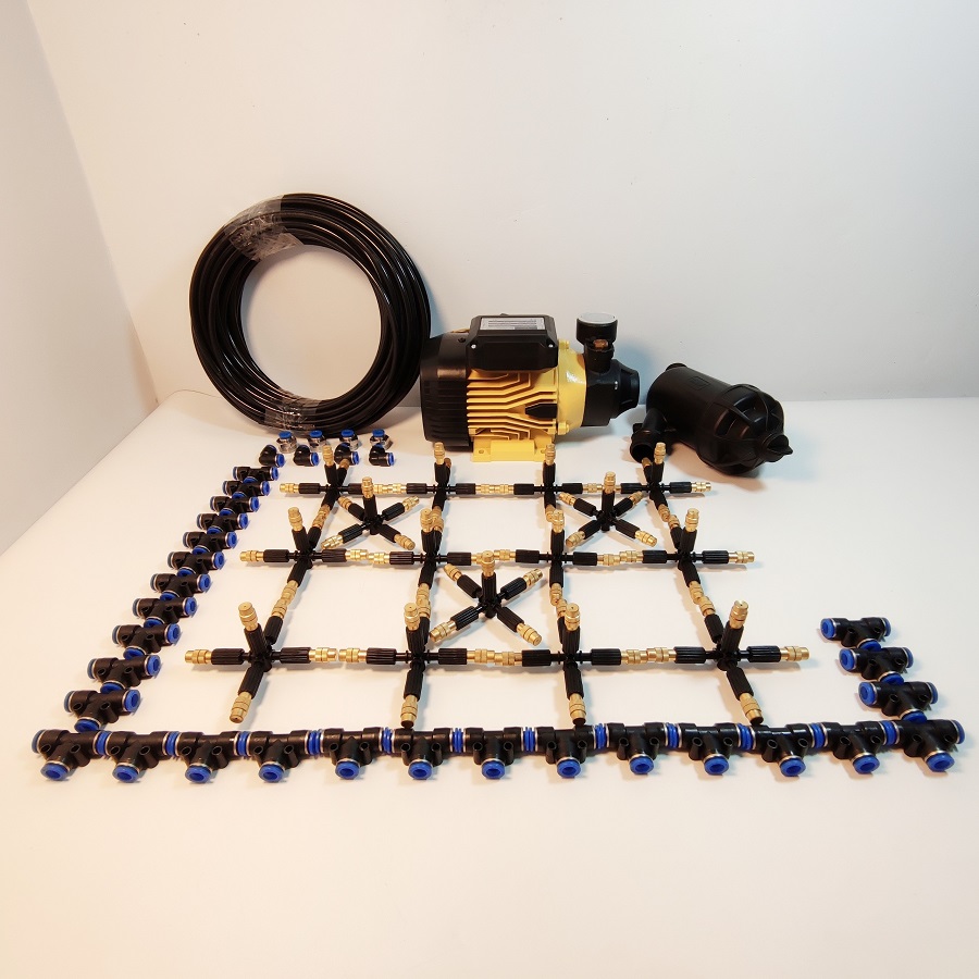 Hệ thống phun sương 25 béc 5 hướng đầu đồng điều chỉnh lượng nước - Bơm Lion 0.5HP