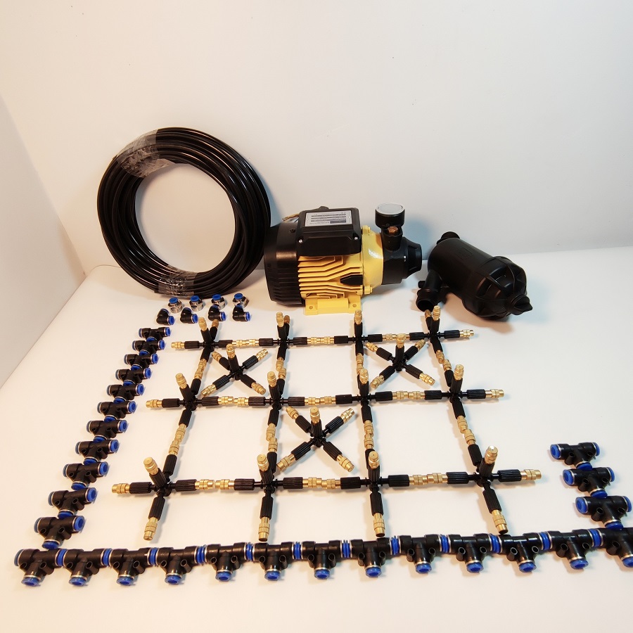 Hệ thống phun sương 25 béc 5 hướng đầu đồng điều chỉnh lượng nước - Bơm Lion 0.5HP