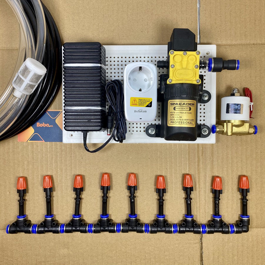 Hệ thống phun sương tưới cây điều khiển từ xa 10 béc 1 hướng nhựa cam