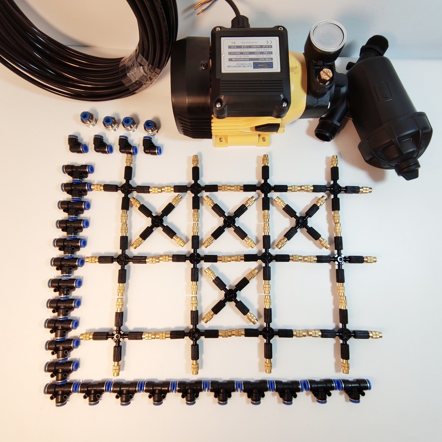 Hệ thống phun tưới 35 béc 4 hướng đầu đồng điều chỉnh lượng nước - Bơm Lion 0.5HP